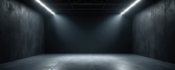 Obraz na płótnie Canvas Empty industrial room with concrete floor and walls. Bright LED lights shine from ceiling. Modern dark space suitable for events or presentations. Futuristic minimalist interior design.