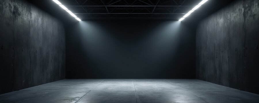 Empty industrial room with concrete floor and walls. Bright LED lights shine from ceiling. Modern dark space suitable for events or presentations. Futuristic minimalist interior design.