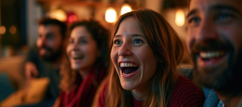 Turkish friends celebrating together during a watch party in cozy living room