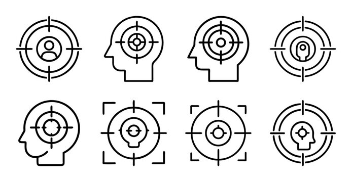 Target practice human silhouette icons set - Minimalist vector icons of human silhouettes with target crosshairs for practice or design use.
