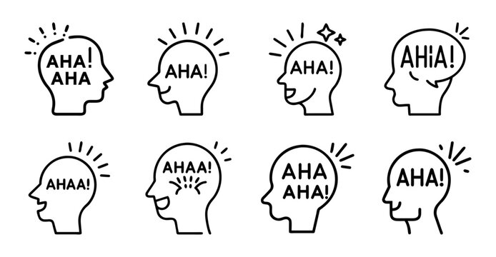 People shouting aha moments in heads - Cartoon-style vector illustration of people experiencing lightbulb moments with excited 'Aha' expressions in their heads.