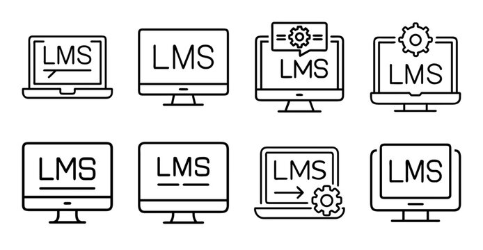 Nine computers displaying lms software icons - Minimalist vector illustration of nine monitors showing LMS system icons with different symbols like lock and gear.
