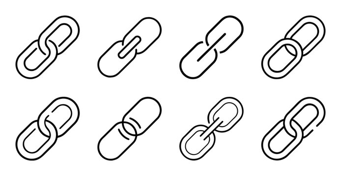 Set of chain link icons in various styles - Minimalist vector icons showing different chain link designs and connections for web or app use.