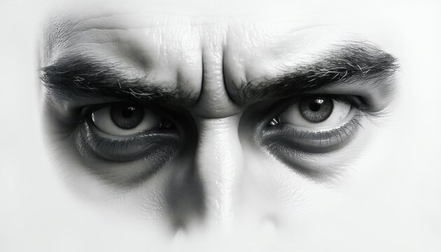 Close up grayscale drawing of man intense eyes. Furrowed brow, thick eyebrows, shadowed eye sockets. Focus on facial expression conveying strong emotion, thought or concern.