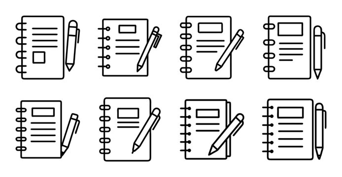 Flat icons of writing and editing documents - Colorful set of eight flat icons showing writing, editing, and organizing documents with pens and notebooks.