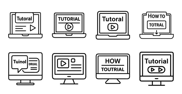 Tutorial video icons on computer screens - Flat design icons showing tutorial videos playing on multiple computer screens with play button symbols.