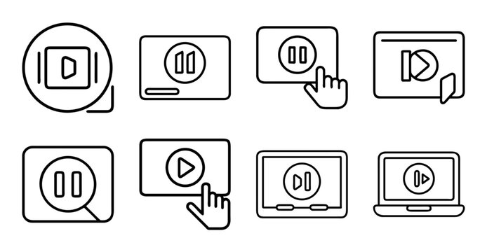 Flat play pause media control icons set - Minimalist icons showing play, pause, and media controls on devices with a clean, flat design style.