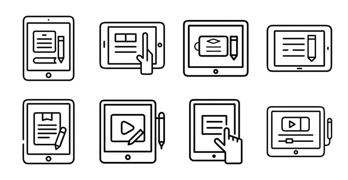 Flat icons of tablet document and media interactions - Eight clean flat icons showing tablet activities like editing, playing media, and writing documents.