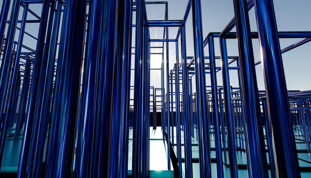 Abstract 3D blue rectangular frame geometry structure background