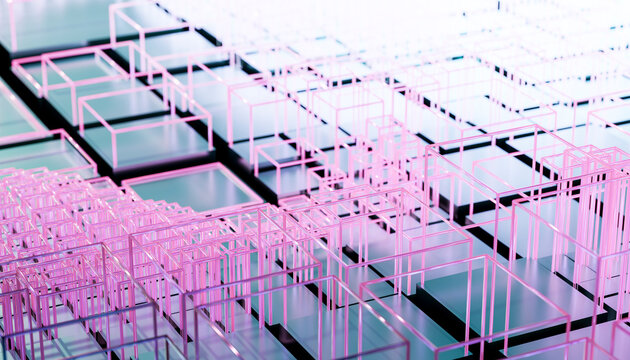 Abstract 3D grid of squares and rectangles in neon pink