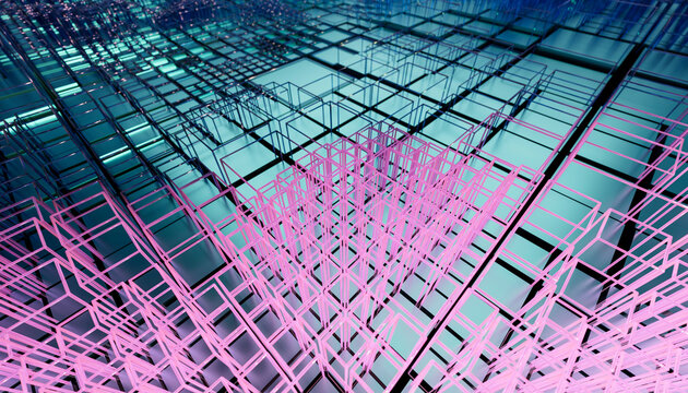 Abstract 3D square and rectangle grid with neon lines