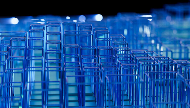 Abstract 3D square and rectangle grid in blue glass