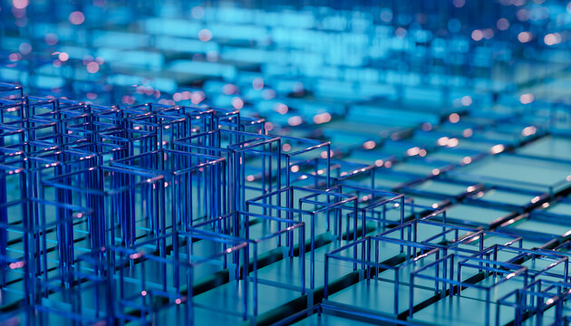 Abstract 3D grid of square and rectangle frames in blue