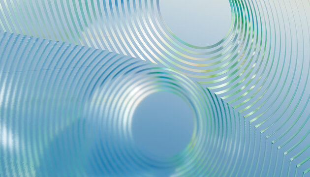 Abstract spiral crystal rings in blue gradient 3D render