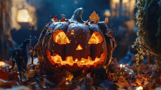 Halloween Jack-O-Lantern with leaves and twigs