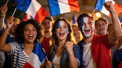 Fototapeta premium Group of happy french sports fans cheering with france flags at night
