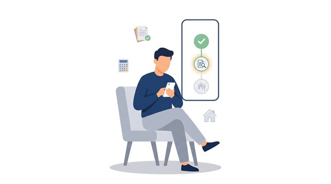 Person tracking mortgage application progress on smartphone, minimalist home financing workflow illustration for digital banking, loan processing and real estate financing services