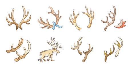 Obraz premium Cartoon antlers collection in brown color - Playful cartoon-style antlers in warm brown tones, ready for illustrations or seasonal designs.