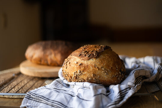 Homemade sourdough loaf with Lievito Madre on rustic table