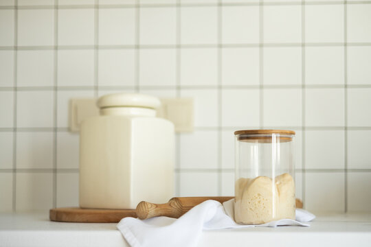 Homemade sourdough baking with Lievito Madre starter jar