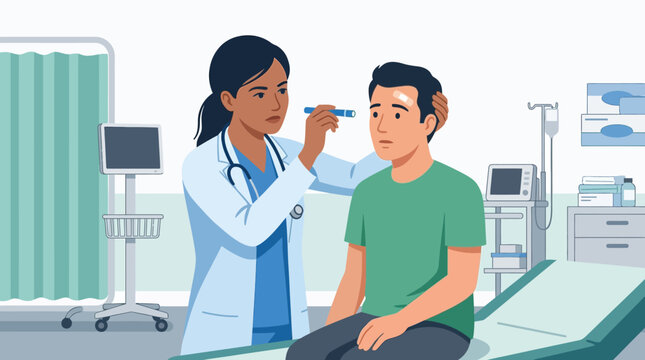 Vector illustration of a female doctor in a white coat conducting a pupil exam with a penlight on a male patient with a head injury and bandage in a modern medical clinic.