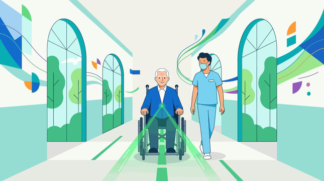 Flat vector illustration depicting a senior man using an automated smart wheelchair with green laser pathfinding sensors, walking with a male nurse in a modern hospital corridor.