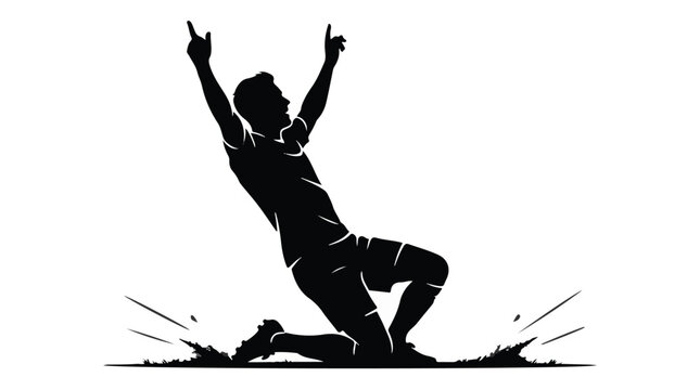 Dynamic silhouette of a soccer player sliding on his knees with arms raised celebrating a goal.