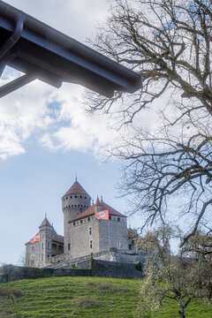 Sunset view of Annecy Castle on hill with trees