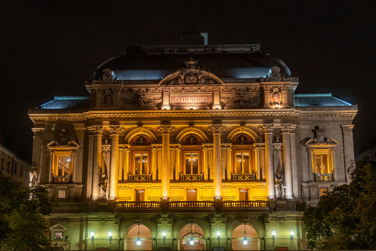 Night view of Lyon Opera house illuminated in France