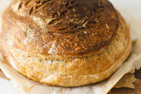 Freshly baked homemade sourdough bread on paper
