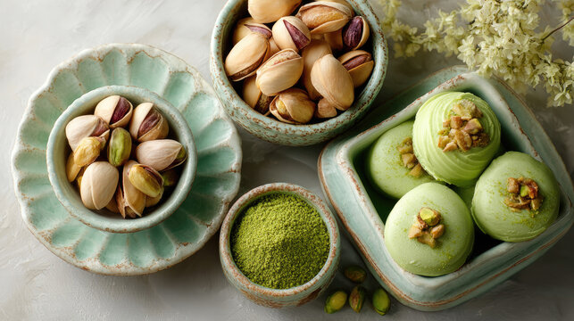 Pistachio ingredients and sweets arranged overhead, whole nuts, shelled kernels, green powder and round pistachio pastries topped with chopped nuts on white bowls and plates