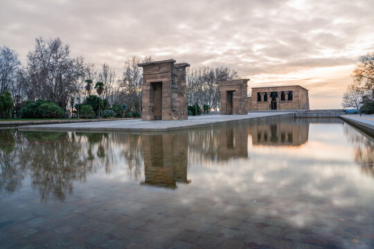 Reflection of Temple of Debod during sunset in Madrid