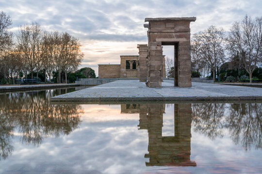 Temple of Debod reflecting at sunset in Madrid