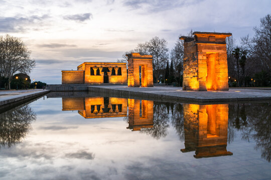 Temple of debod at sunset with reflections in madrid