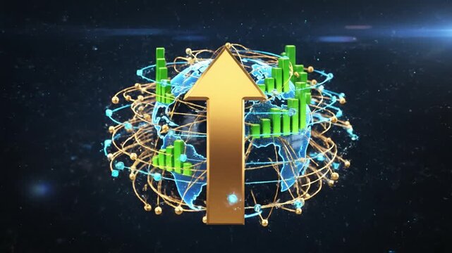 Digital globe with rising bar chart graphs and glowing network connections