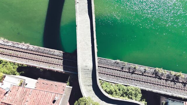 Aerial view of Devil&rsquo;s Bridge Ponte della Maddalena Borgo a Mozzano Tuscany
