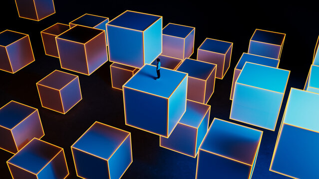 Futuristic cubes with neon lights create a tech background scene