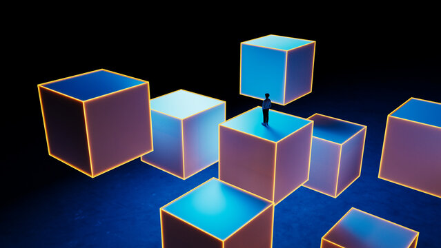 Futuristic cubes with neon lights create a tech background scene