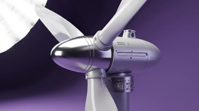 Miniature wind turbine model close up on purple background.