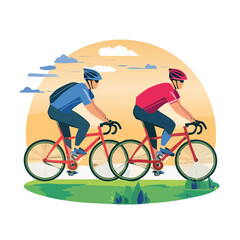 Fototapeta premium Two cyclists riding bicycles outdoors in flat design style
