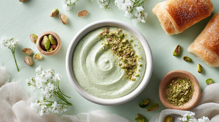 Naklejka premium Pistachio latte with steamed milk foam and ground pistachio powder. Surrounded by fresh pistachios. Delicate macarons. And a golden croissant on a white surface