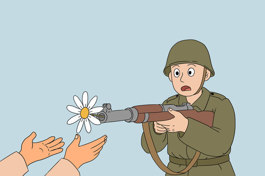 Soldier with a rifle and daisy symbolizing peace