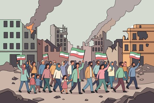 Peace march in a war-torn cityscape