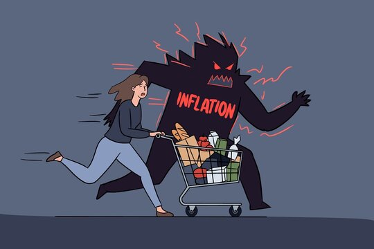 Inflation monster chasing woman with shopping cart