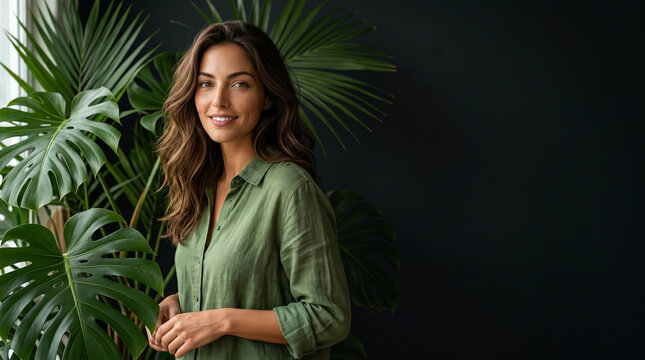 Portrait of beautiful young woman smiling with monstera palm leaves, attractive female model in green linen shirt posing on dark background, natural beauty and lifestyle photograph