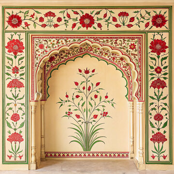 Traditional rajasthani wall mural with red floral patterns and layered scalloped archways illustrating classic indian palace interior design and heritage motifs.
