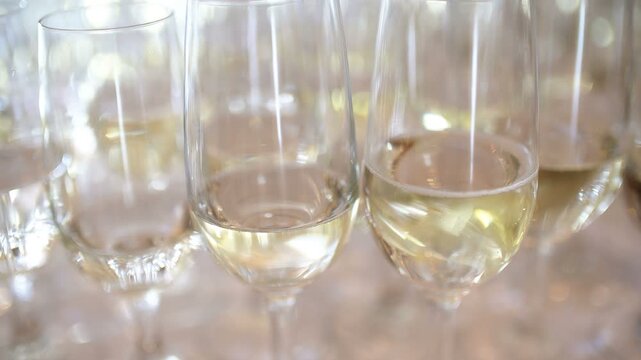 Rows of Stemmed Wine Glasses with Pale Golden Drinks at Elegant Event Table