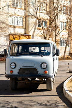 Vintage Soviet van in urban street during Cold War era