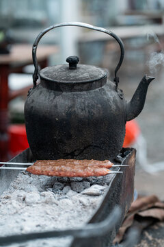 Traditional Uzbek street food grilled with kettle