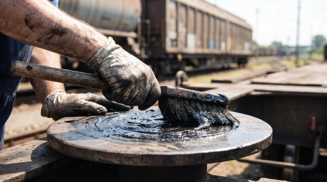 Worker with dirty hands using a stiff brush to apply thick black grease onto a train buffer
